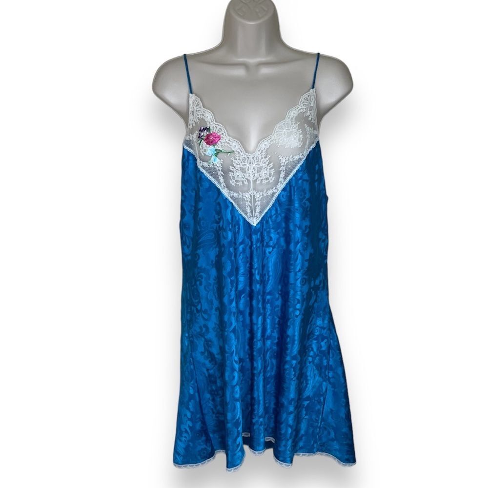 Vintage Val Mode Turquoise Jacquard Lace Embroidered Flower Chemise Women Large